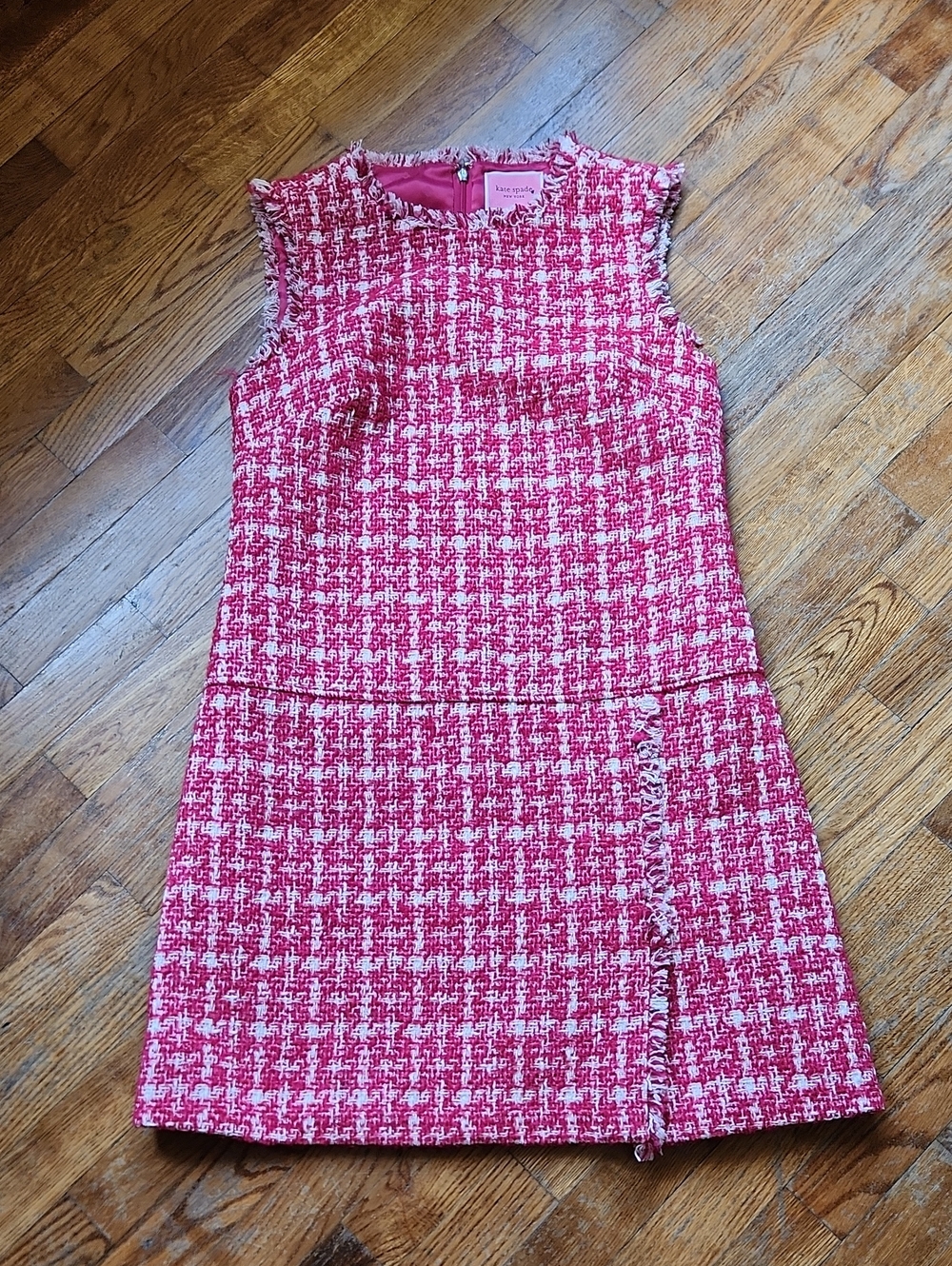 kate spade Pink & White Tweed A-Line Dress with Fringe Trim